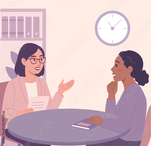 Two businesswomen in discussion at a round office table. Flat vector illustration with pastel tones, bookshelf, clock, and notebook—representing teamwork, planning, and communication.