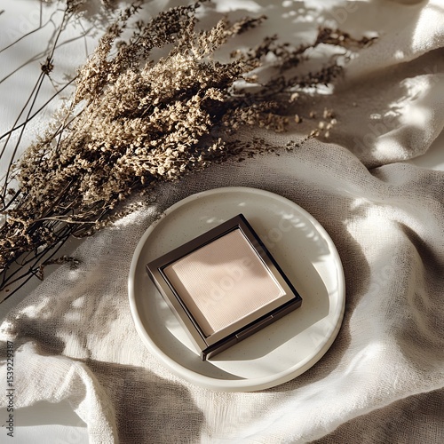 A square cosmetic powder compact on a plate with dried flowers and draped white fabric in soft light