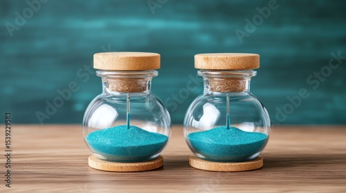 Two hourglasses on a wooden surface