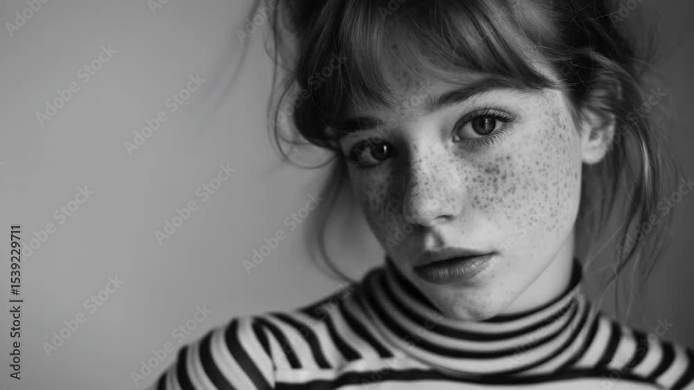 Portrait of young woman looking at camera, wearing striped shirt. She has freckles on her face. Portrait of young woman looking at camera, wearing striped shirt. She has freckles on her face.