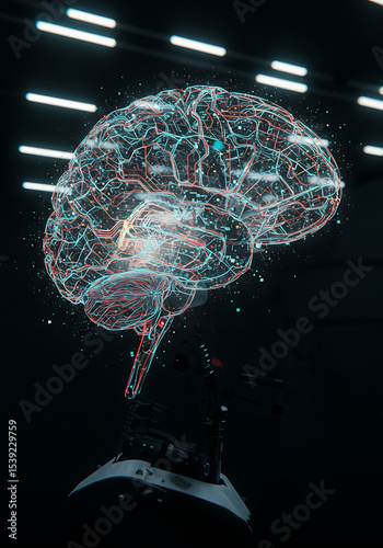 A holographic representation of a human brain with glowing neural connections hovers above a robotic base, illustrating artificial intelligence and the study of consciousness.