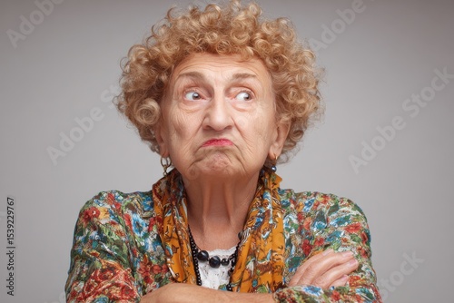 Senior woman with a displeased facial expression. Her arms are crossed, and she is looking skeptically off to the side.