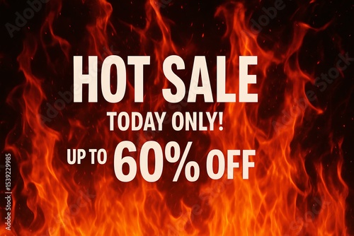 Hot sale, fiery background, Today Only! Up to -60 off text, high-contrast design
