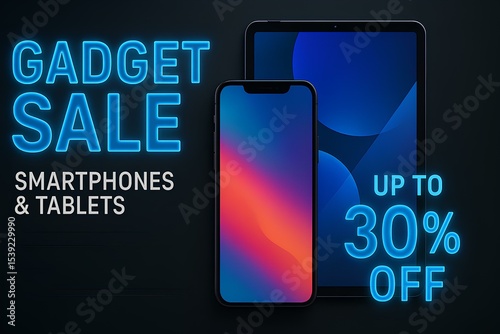 Gadget sale, smartphones, tablets, up to 30 off, tech style, dark background