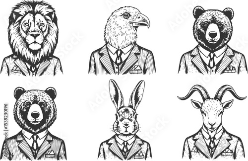 different animals and birds in humans clothes and suits. Lion, tuscan bird and bear next to rabbit and goat for drinks or emblems. Anthropomorphic wild animals drawing. Hand drawn sketchy old style 
