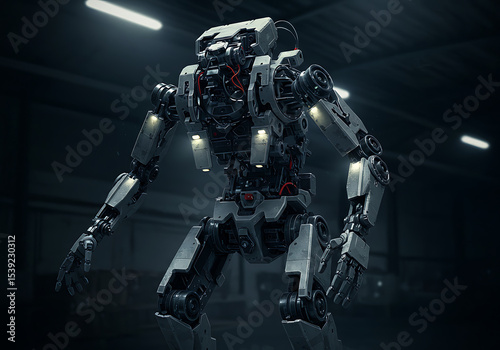 A towering, heavily armored robot with visible internal machinery and glowing lights stands in a dim, industrial setting, suggesting a powerful and complex automaton.