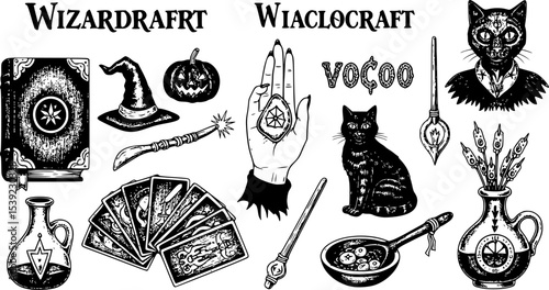 Big collection of wizardry elements for magic rituals or tarot deck, book, cat hand Witch with stone of prediction. Halloween witchcraft and sorcery things magician and voodoo hand drawn engraved