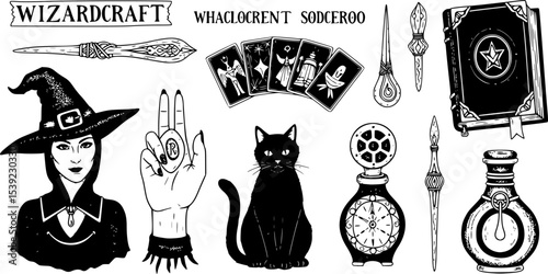 Big collection of wizardry elements for magic rituals or tarot deck, book, cat hand Witch with stone of prediction. Halloween witchcraft and sorcery things magician and voodoo hand drawn engraved