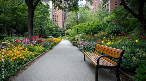 Urban park pathway with vibrant flowers