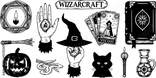 Big collection of wizardry elements for magic rituals or tarot deck, book, cat hand Witch with stone of prediction. Halloween witchcraft and sorcery things magician and voodoo hand drawn engraved