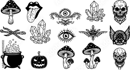Big collection of wizardry elements for magic rituals or tarot deck, cauldron and crystals tongue, dead eye, mushrooms Halloween different witchcraft and sorcery tmagician and voodoo hand drawn