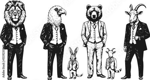 different animals and birds in humans clothes and suits. Lion, tuscan bird and bear next to rabbit and goat for drinks or emblems. Anthropomorphic wild animals drawing. Hand drawn sketchy old style 