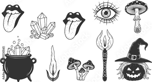 Big collection of wizardry elements for magic rituals or tarot deck, cauldron and crystals tongue, dead eye, mushrooms Halloween different witchcraft and sorcery tmagician and voodoo hand drawn
