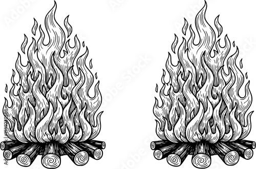 Set of flame and fire in vintage style. Hand drawn engraved monochrome bonfire sketch. Vector illustration for posters, banners and logo.
