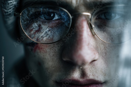 Close-up portrait of an injured person, focusing on the face and glasses. The glasses are broken, reflecting the damage and turmoil.