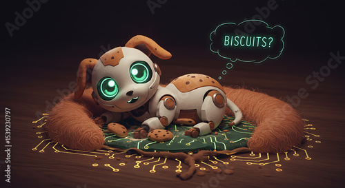 A small robot dog with cookie-like markings and a fluffy tail lies on a circuit board mat