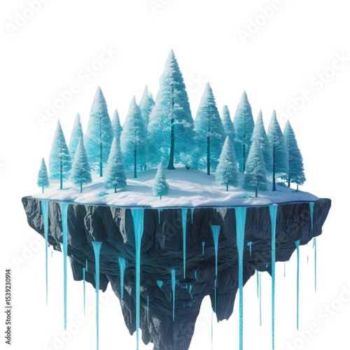 Floating winter island with snow covered trees and icicles digital art landscape background wallpaper image