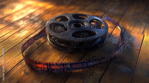 Vintage film reel on wooden floor