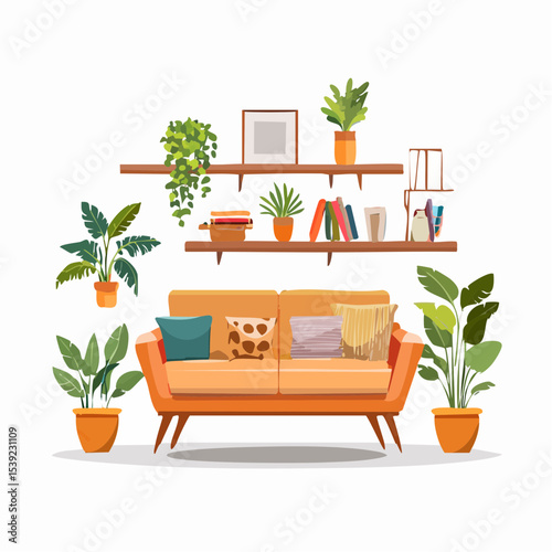 Mid-Century Modern Living Room Design  Cozy Home Decor with Plants and Shelving