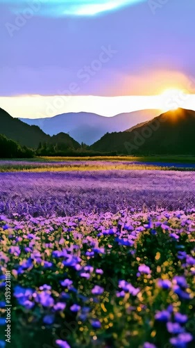 Vibrant field of purple wildflower blossoms illuminated by golden sunlight and hazy mountains in the background create a dreamlike botanical environment.
