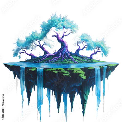 Fantasy floating island with waterfall and magical trees landscape digital art illustration background image