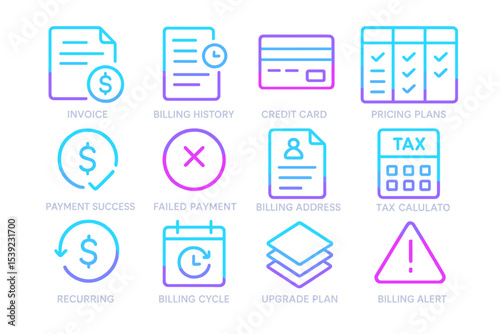 Neon payment icons set: credit card, invoice, pricing plans, billing alerts