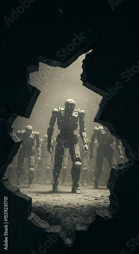 View through a broken wall of a multitude of humanoid robots advancing in a dusty, desolate environment, symbolizing an AI uprising, war, or a technological apocalypse