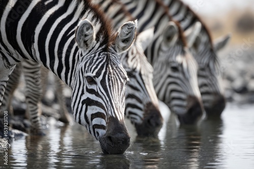 A trio of zebras gracefully drinks from a still body of water, their reflections shimmering on the surface in this striking wildlife scene.