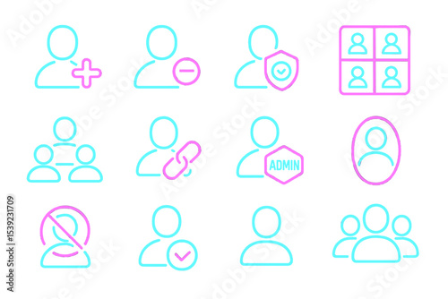 Neon user interface icons with cyber glow effect in blue and pink tones