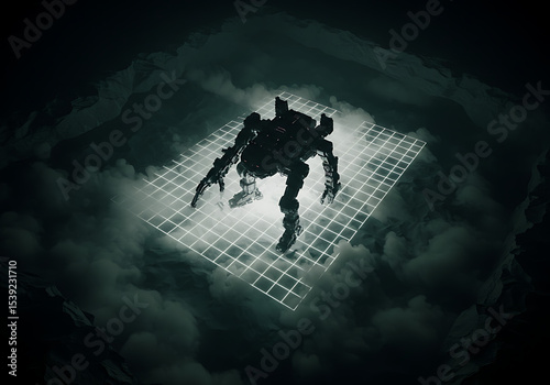 Large robot standing on a glowing grid platform surrounded by dark, misty terrain, symbolizing futuristic technology, virtual reality staging, or a sci-fi deployment scene.