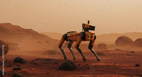 Orange robotic dog exploring a desolate Martian landscape, symbolizing space exploration, AI robotics, or future extraterrestrial missions.