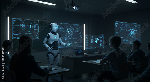 Humanoid robot teaching students in a futuristic classroom with holographic displays, symbolizing AI in education, advanced learning technology, or digital schooling.