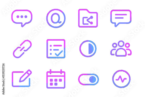 Neon icons set: communication, file sharing, analytics, task management