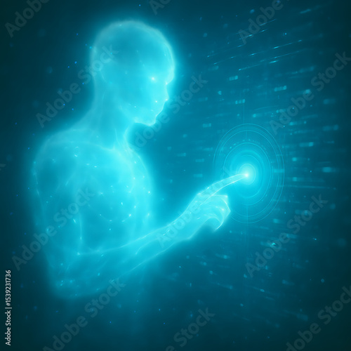 Glowing blue ethereal human figure touching a point of light, symbolizing digital consciousness, virtual reality interaction, or a spiritual connection to data.