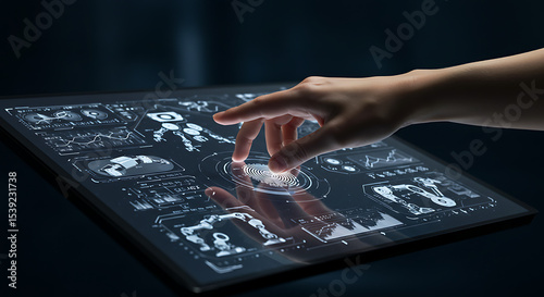 Human hand interacting with a futuristic translucent tablet displaying medical data and human body scans, symbolizing virtual diagnostics, health technology, or human-computer interaction.