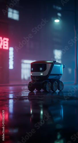 Autonomous delivery robot on a rain-slicked city street at night, reflecting neon lights, symbolizing future logistics, urban technology, or automated services.