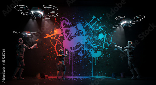 Three robots and drones creating a vibrant, abstract paint splatter artwork on a dark wall with colorful lighting, symbolizing AI collaboration in art and futuristic creativity.