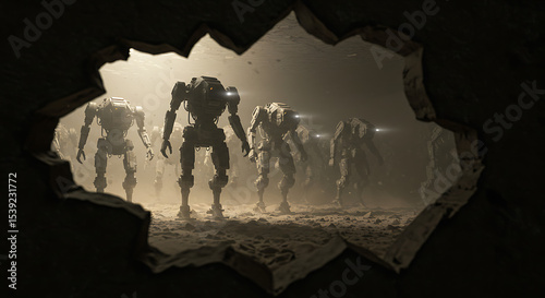 View through a broken wall of a multitude of humanoid robots advancing in a dusty, desolate environment, symbolizing an AI uprising, war, or a technological apocalypse.