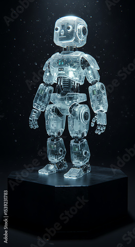Transparent childlike robot figure with visible internal mechanics, standing on a dark base, symbolizing future AI, educational robotics, or a conceptual technological being.