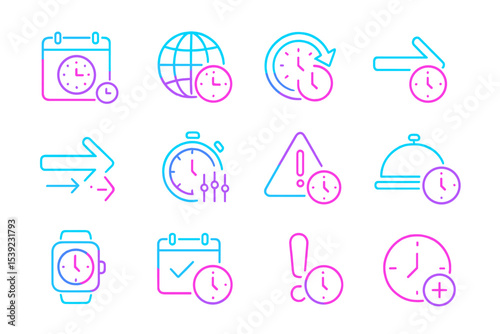 Neon time-themed icons featuring clocks and symbols on dark background