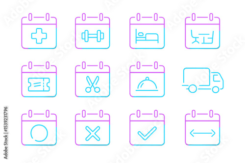 Neon glowing calendar icons for fitness, health, delivery, and entertainment