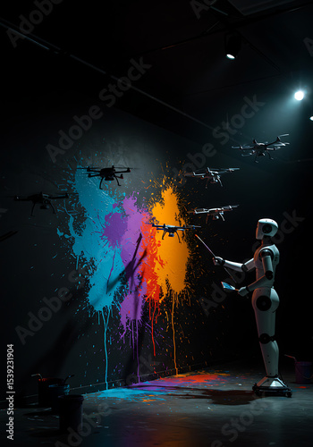 Robot and several drones collaboratively creating a vibrant paint splatter mural on a dark wall, symbolizing AI art, robotic creativity, and technological collaboration in artistic expression.