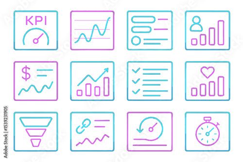 Neon business icons displaying kpi and data analysis in pink and blue