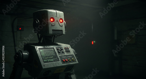 Industrial robot with glowing red eyes and a control panel on its chest, standing in a dark, grimy workshop, symbolizing automation, surveillance, or a vintage AI.