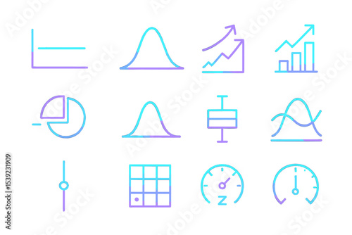 Glowing neon statistical graph icons: charts, gauges, boxes, and arrows