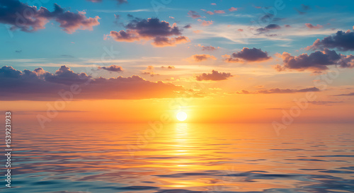 Vibrant sunset over calm ocean waters, with a golden sun reflecting on the surface and colorful clouds painting the sky, symbolizing tranquility and natural beauty.