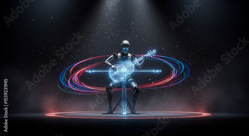 Humanoid robot playing a glowing holographic guitar with vibrant light trails, symbolizing AI creativity, futuristic music, or robotic entertainment on a stage.