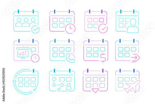 Neon calendar icons representing various functions and events