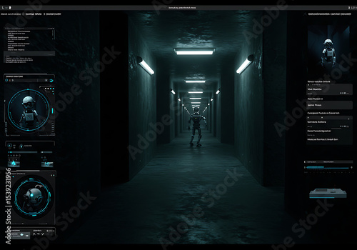 Robot's perspective through a digital interface navigating a long, dark, futuristic corridor, displaying system diagnostics and sensor readings.