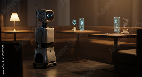 Service robot navigating a dimly lit cafe with holographic menus and displays, symbolizing futuristic hospitality, automated service, or AI in commercial environments.